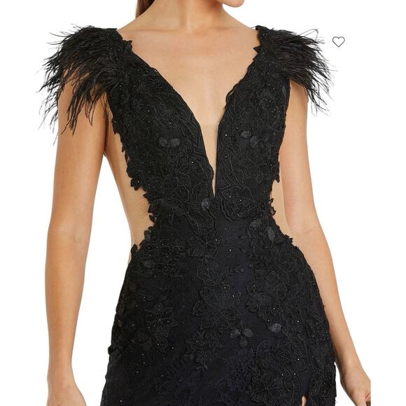 Mac Duggal Dress 67782 Black Feather Trim Floral Cutout Lace Gown Size 8 $698 - Picture 2 of 7